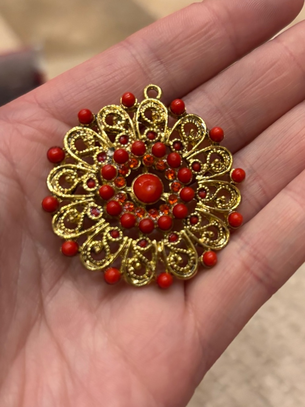 Gold Filigree Pendant with Red Beads - Women's Jewelry